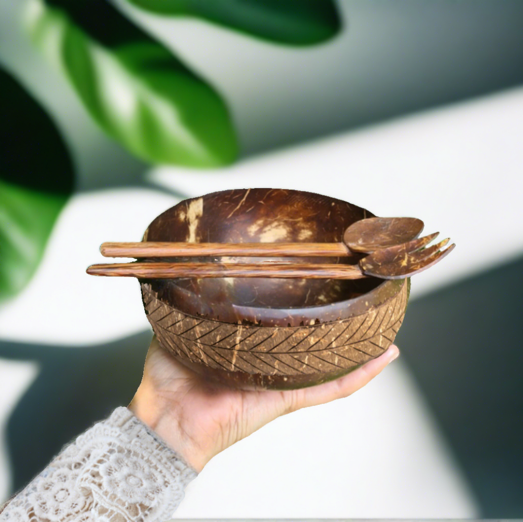 FOREST MOSAIC - JUMBO SIZE COCONUT BOWL WITH 1 SPOON & 1 FORK (900ml) (prepaid only)