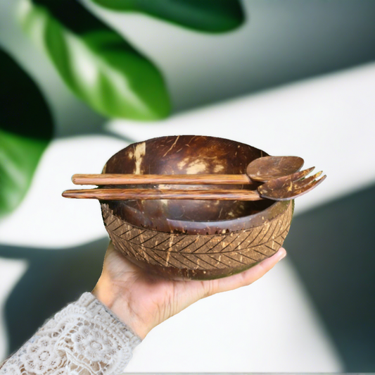 FOREST MOSAIC - JUMBO SIZE COCONUT BOWL WITH 1 SPOON & 1 FORK (900ml) (prepaid only)