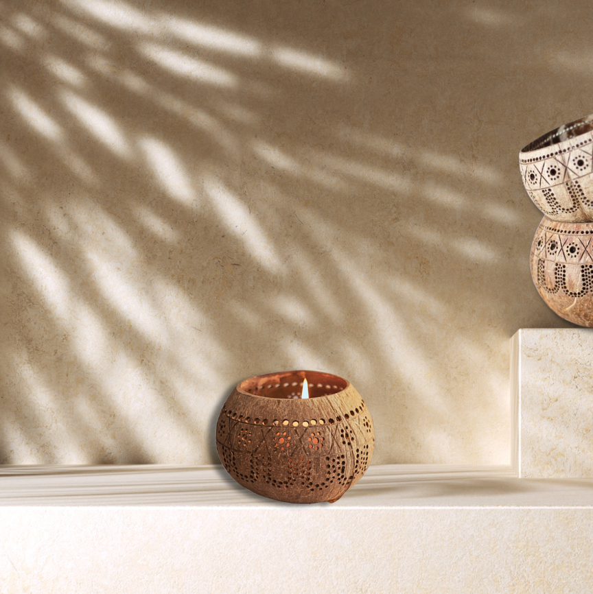 TRIBAL SIEVE COCONUT SHELL TEALIGHT CANDLE HOLDER (prepaid only)