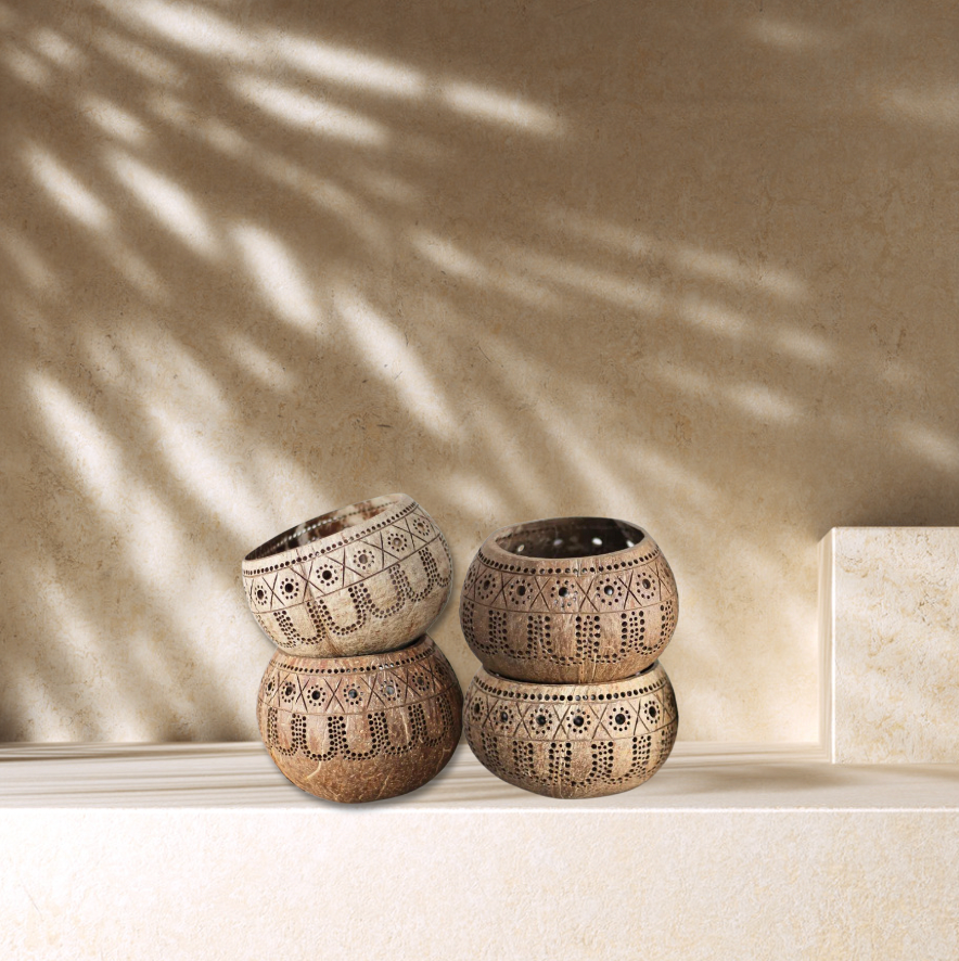 TRIBAL SIEVE COCONUT SHELL TEALIGHT CANDLE HOLDER (prepaid only)